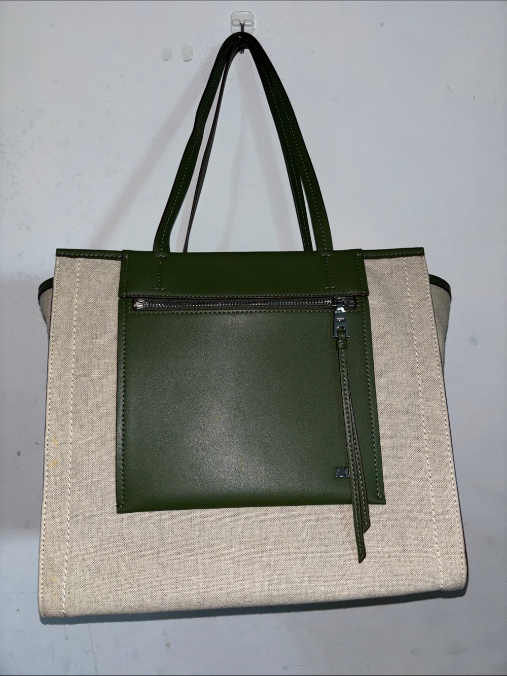 Dkny Green and Cream Canvas Tote with Front Leather Pocket